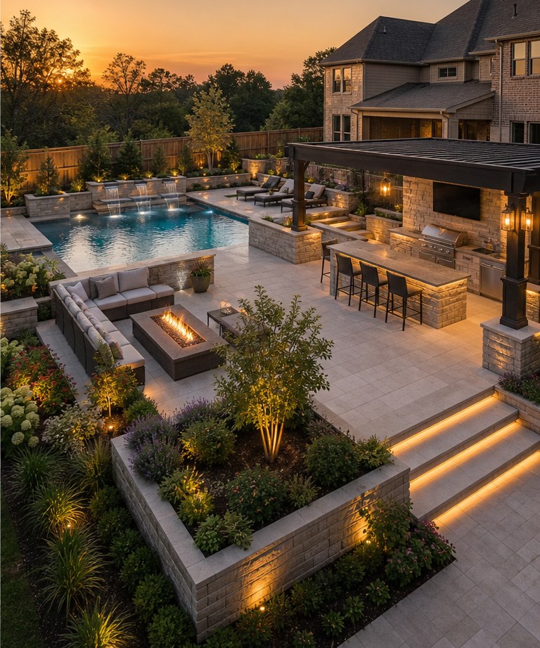 Luxury outdoor living space at dusk