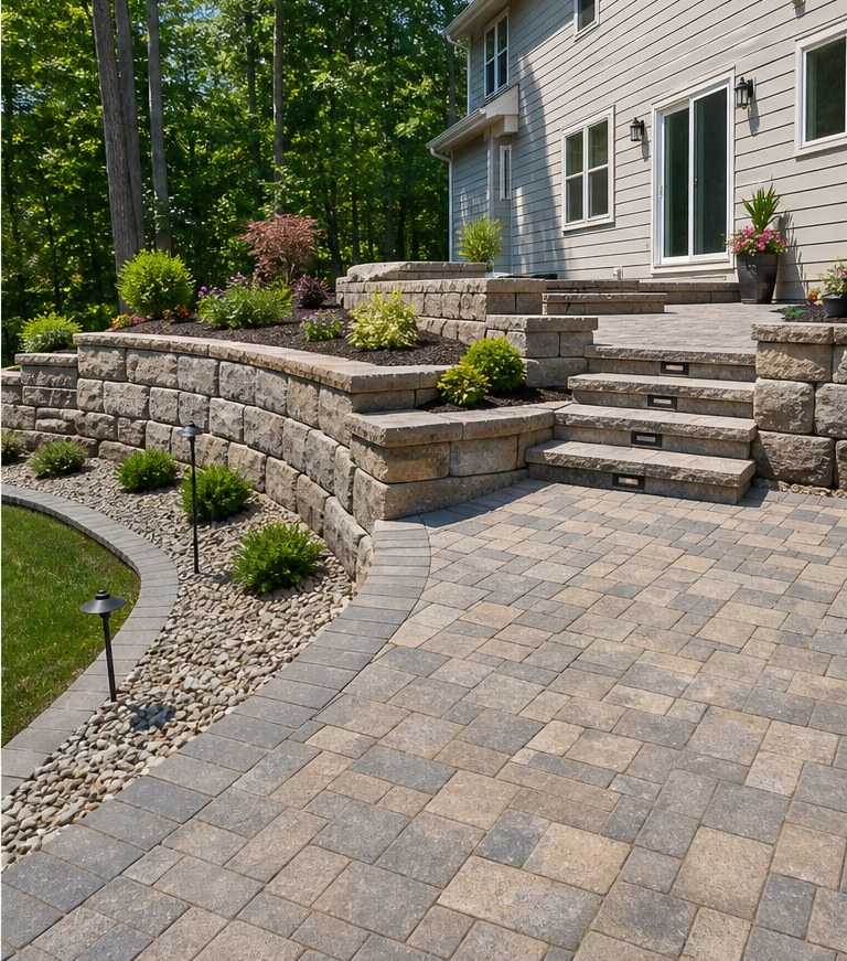 Terraced yard after retaining wall installation
