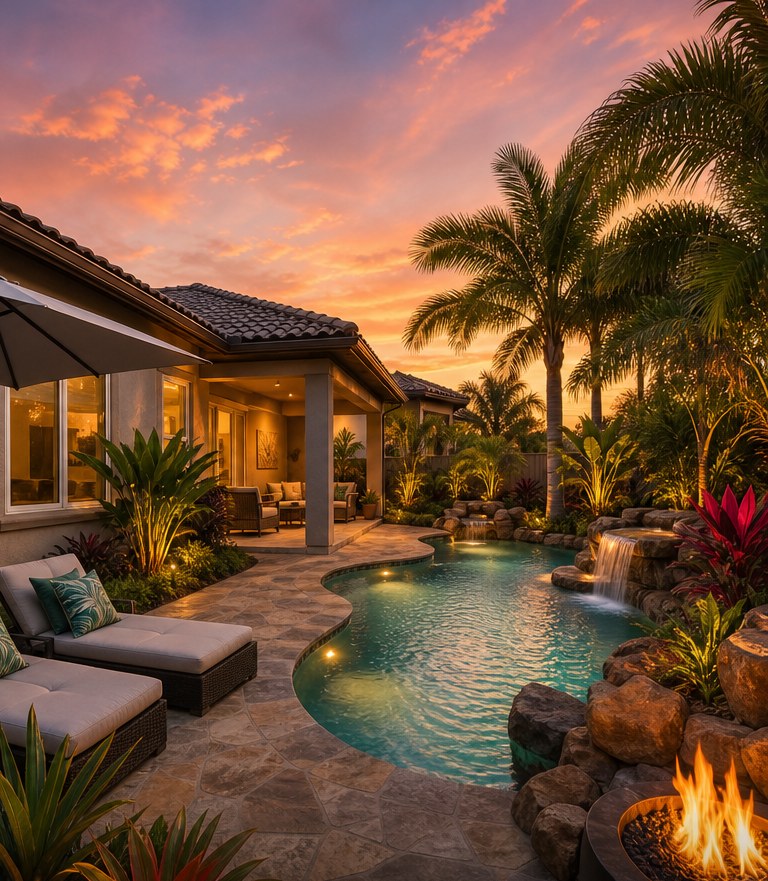 Tropical resort-style backyard