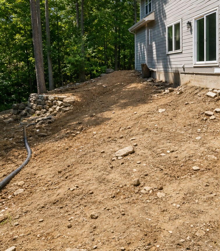 Sloped yard before retaining wall installation