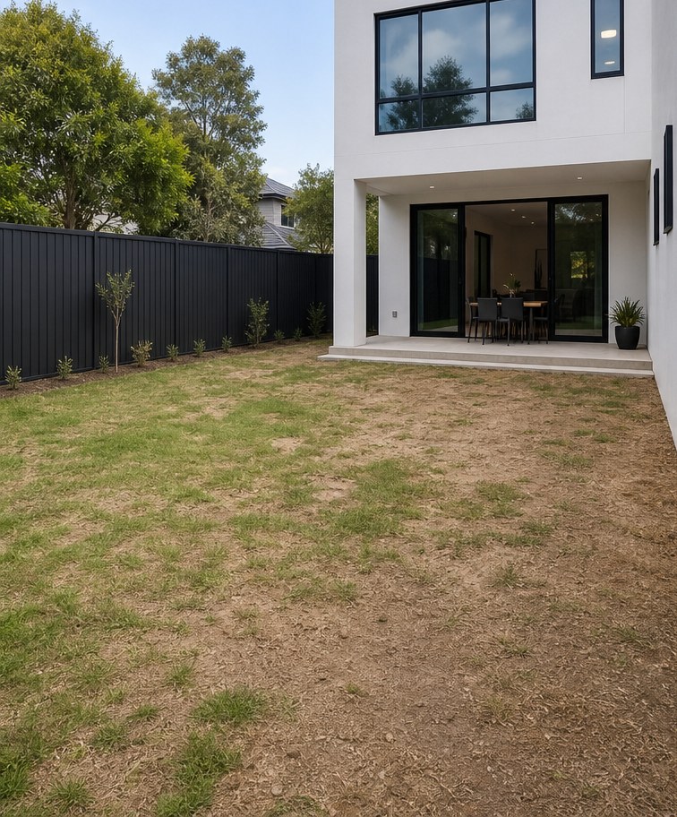 Modern backyard before hardscape renovation